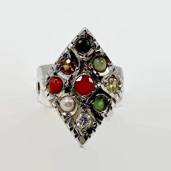 Gemstone Ring, Navratna, Sterling Silver,India, Size 8 1/2, Stones, Vintage, NOS - Picture 3 of 6